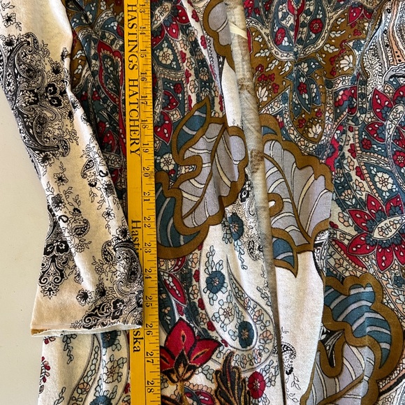 Chico’s Paisley Off White Cotton Acrylic Open MIDI Cardigan size 2 - Picture 5 of 10